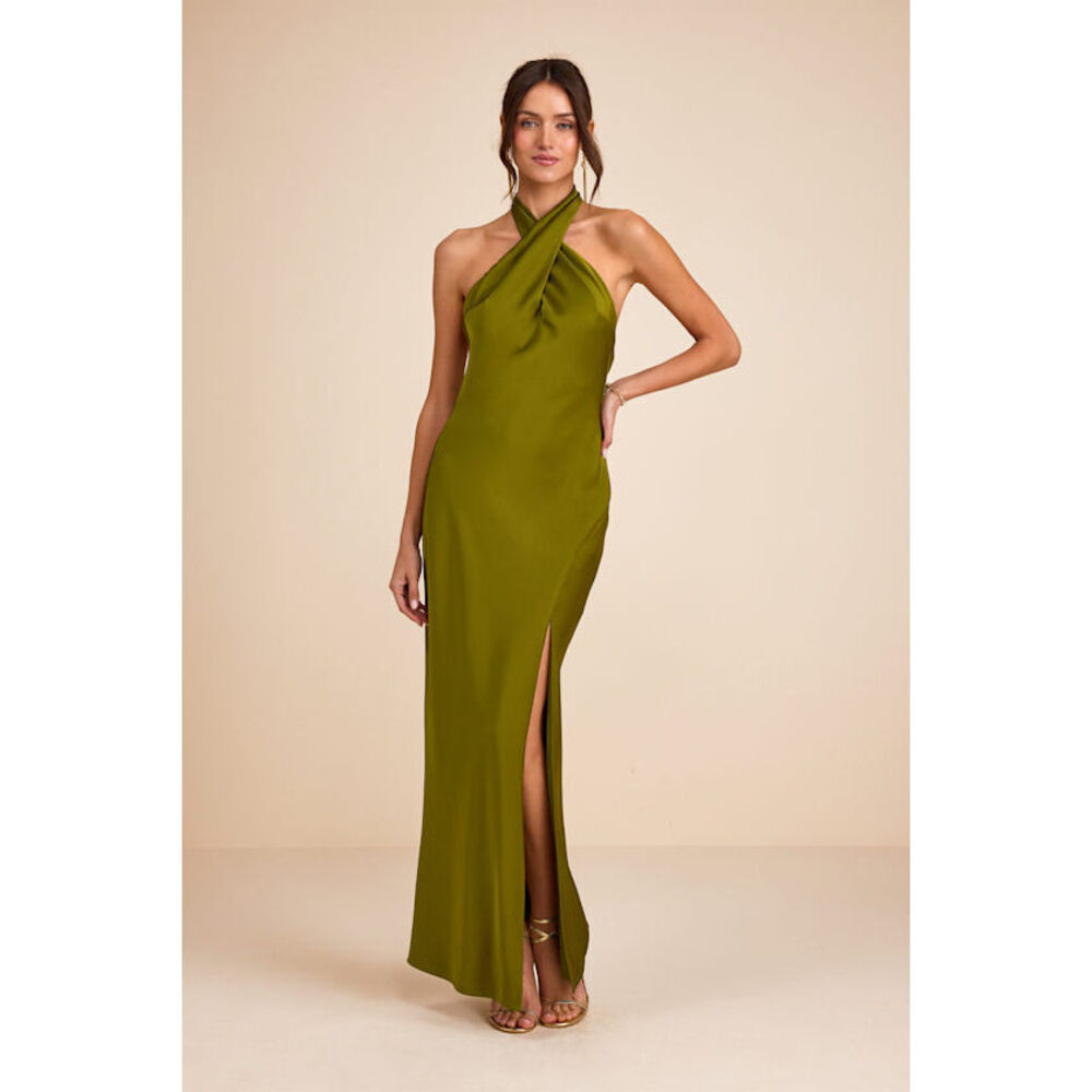 Lulus Daney Olive Green Satin Cross-front Halter Maxi Dress - Size L